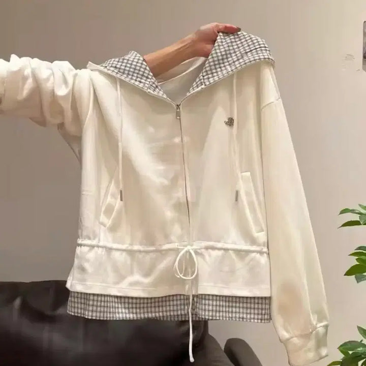 [BUNJANG] Ivory Checkered Color Block Hooded Zip-up / 아이보리 체크 배색 후드 집업 / 데일리 캐주얼 데이트룩 러블리 빈티지
