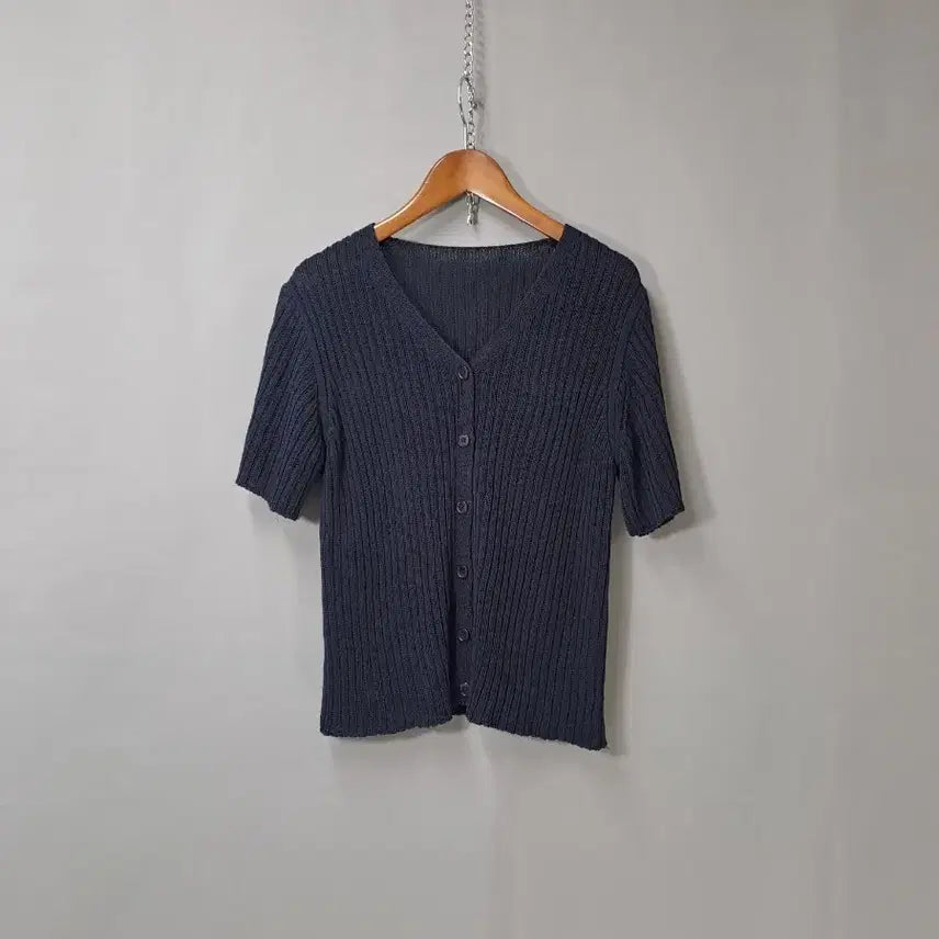 [BUNJANG] Dark Navy Ribbed Knit Short Sleeve Cardigan / 다크네이비 면소재 골지 반팔 가디건
