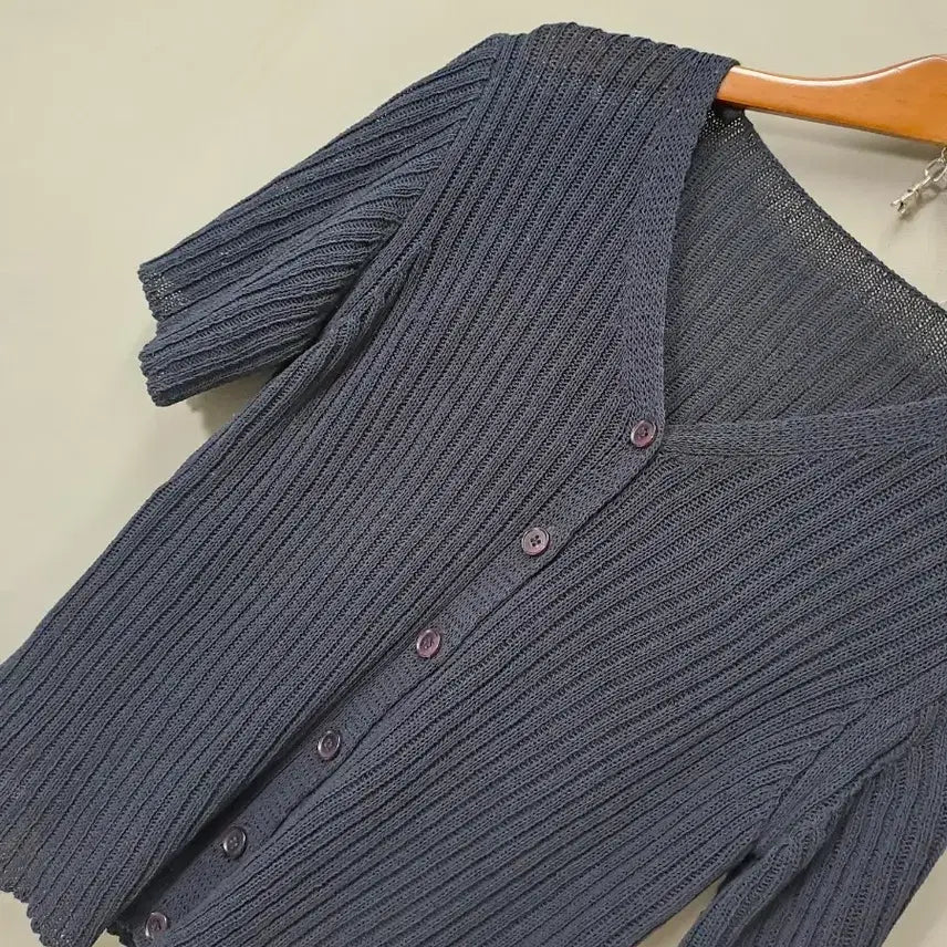[BUNJANG] Dark Navy Ribbed Knit Short Sleeve Cardigan / 다크네이비 면소재 골지 반팔 가디건