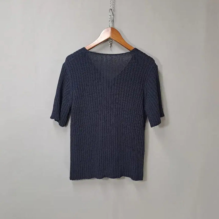 [BUNJANG] Dark Navy Ribbed Knit Short Sleeve Cardigan / 다크네이비 면소재 골지 반팔 가디건