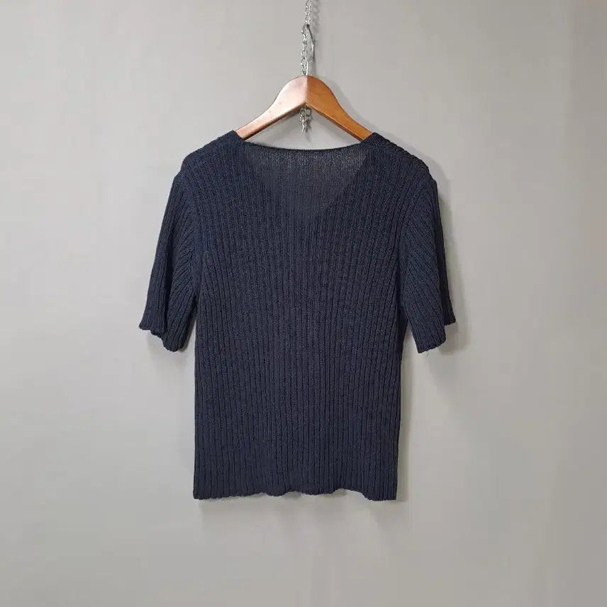 [BUNJANG] Dark Navy Ribbed Knit Short Sleeve Cardigan / 다크네이비 면소재 골지 반팔 가디건