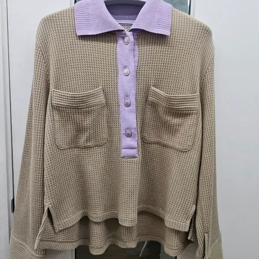 [BUNJANG] SJ Waffle Knit Shirt with Purple Point / 에스제이 니트 브라운 와플 셔츠 퍼플 포인트