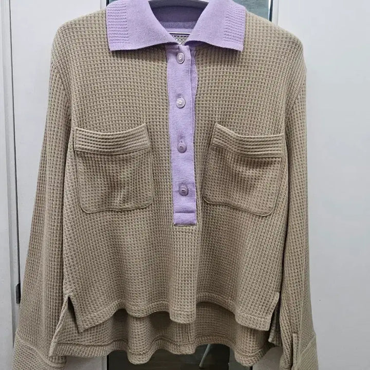 [BUNJANG] SJ Waffle Knit Shirt with Purple Point / 에스제이 니트 브라운 와플 셔츠 퍼플 포인트