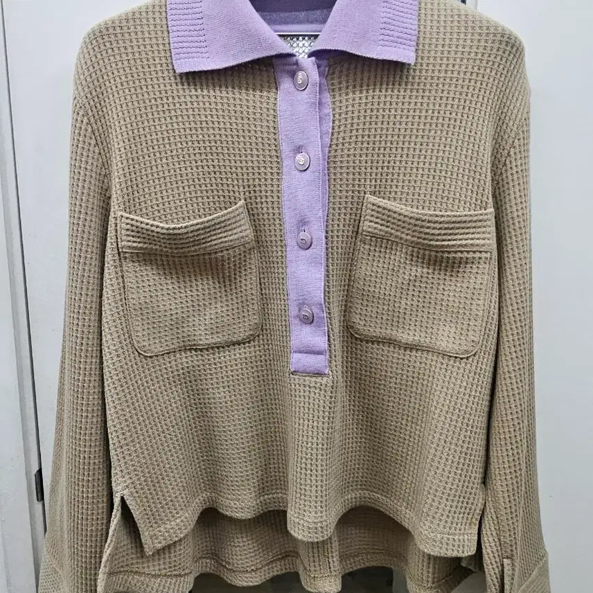 [BUNJANG] SJ Waffle Knit Shirt with Purple Point / 에스제이 니트 브라운 와플 셔츠 퍼플 포인트