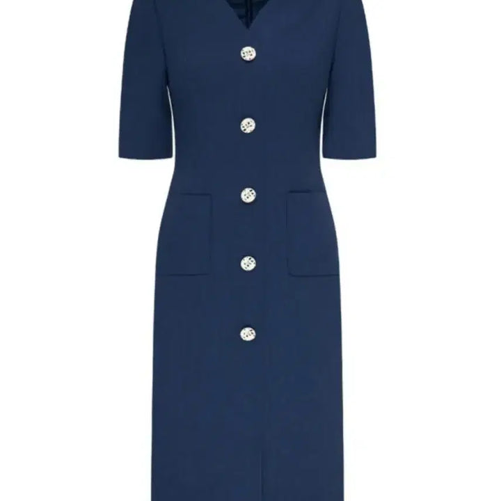 [BUNJANG] Unbranded V-neck Point Button Dress (Navy) / 린 브이넥 포인트버튼 원피스 77사이즈