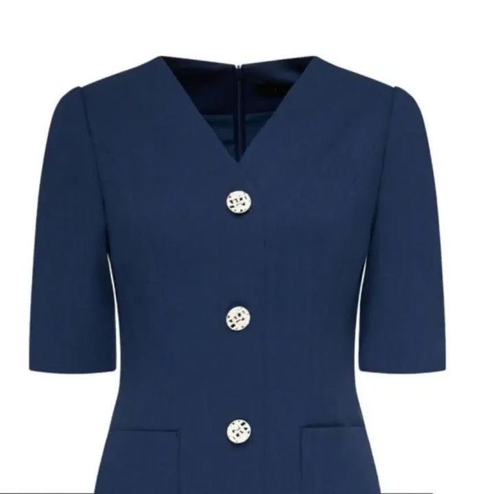 [BUNJANG] Unbranded V-neck Point Button Dress (Navy) / 린 브이넥 포인트버튼 원피스 77사이즈