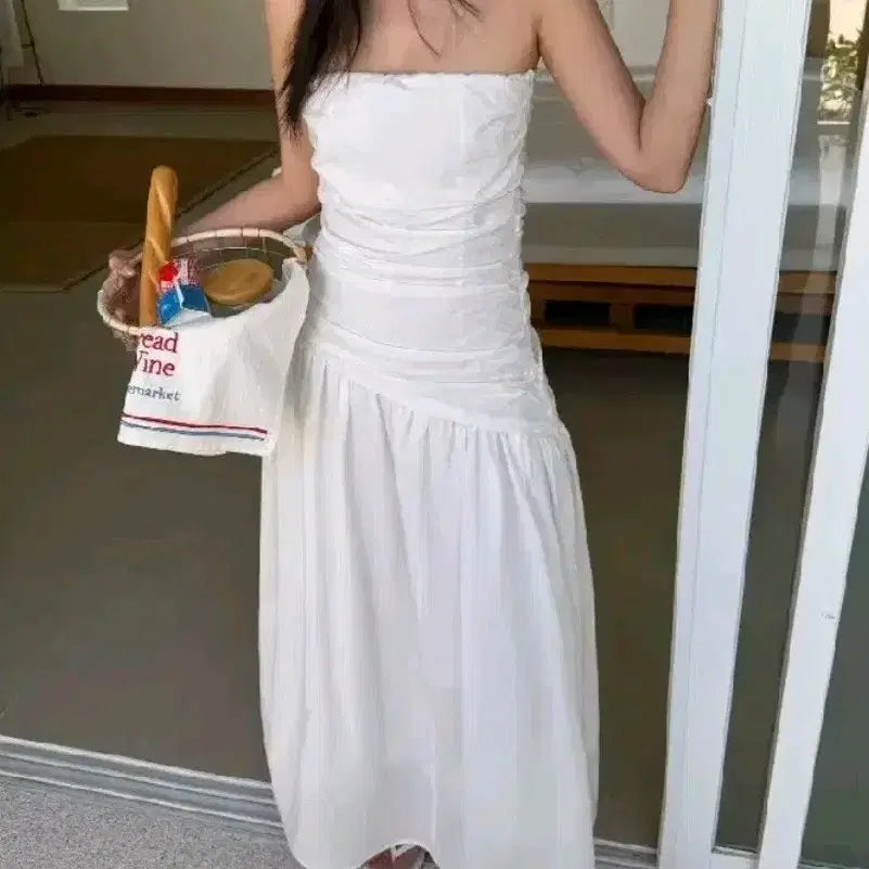 [BUNJANG] White Tube Top Long Dress / 캐주얼 웨딩 스냅 화이트 드레스
