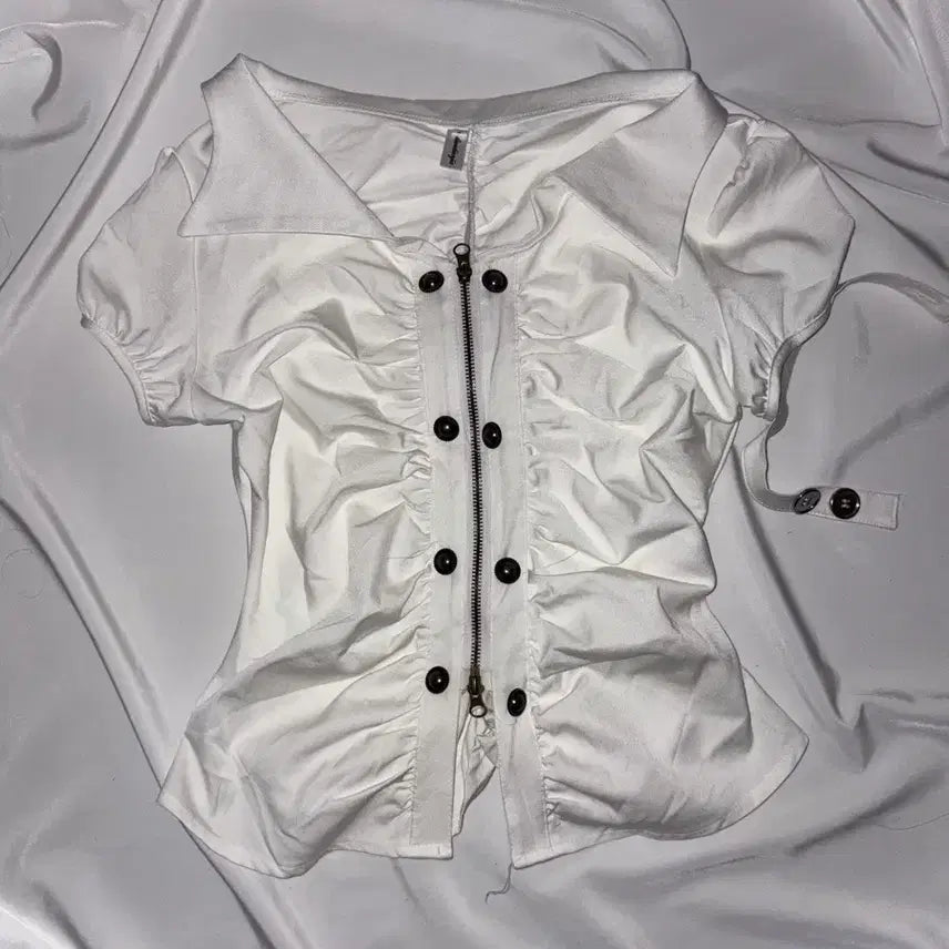 [BUNJANG] White Shirring Zip-up Blouse Top / 화이트 셔링 집업 블라우스 탑 y2k