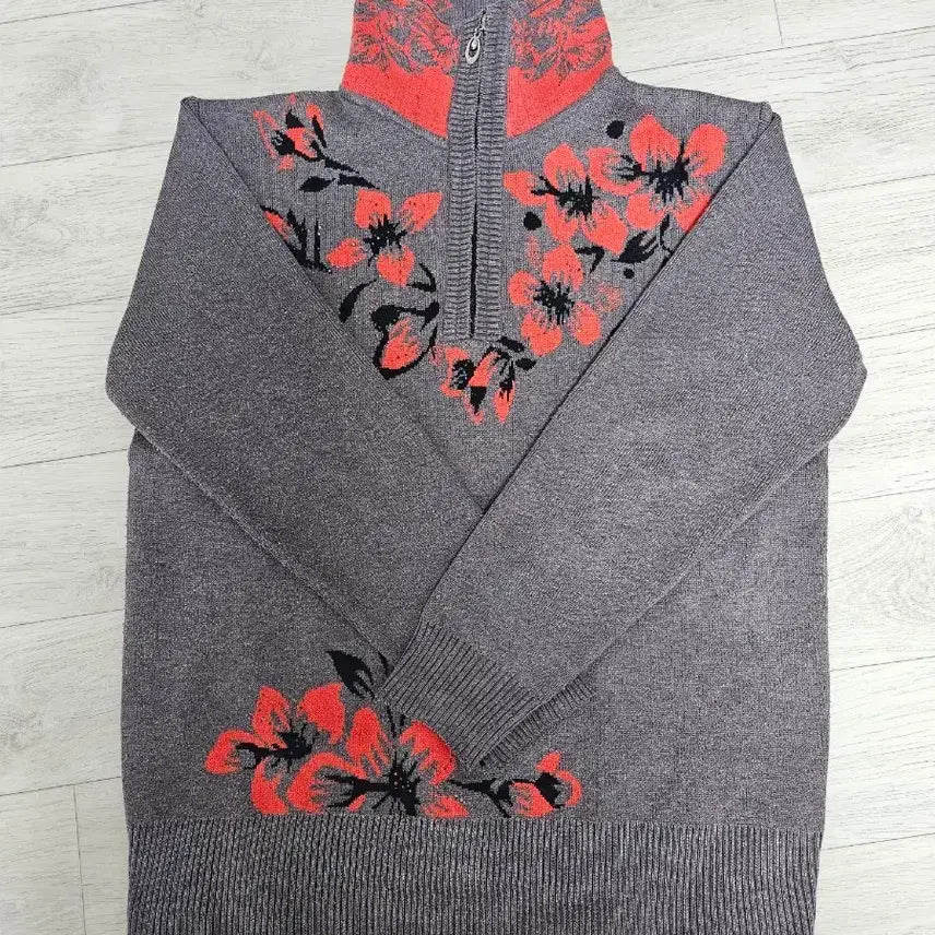 [BUNJANG] Floral Embroidered Knit Zip-up / 플라워 자수 포인트 니트 집업