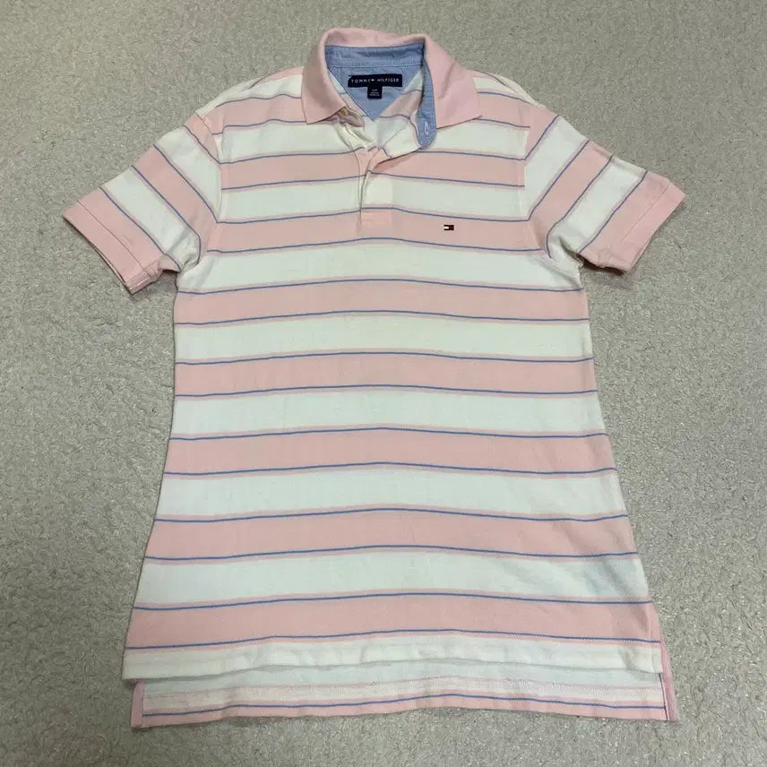 [BUNJANG] Tommy Hilfiger Pink Striped Short Sleeve Polo Shirt / 타미힐피거 핑크 스트라이프 반팔 카라티 s