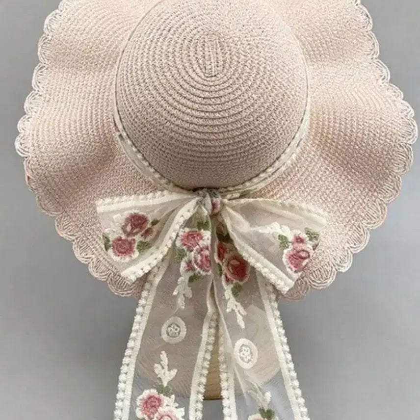 [BUNJANG] Pink Ribbon Straw Hat / 플라워 리본 핑크 밀짚모자 새상품