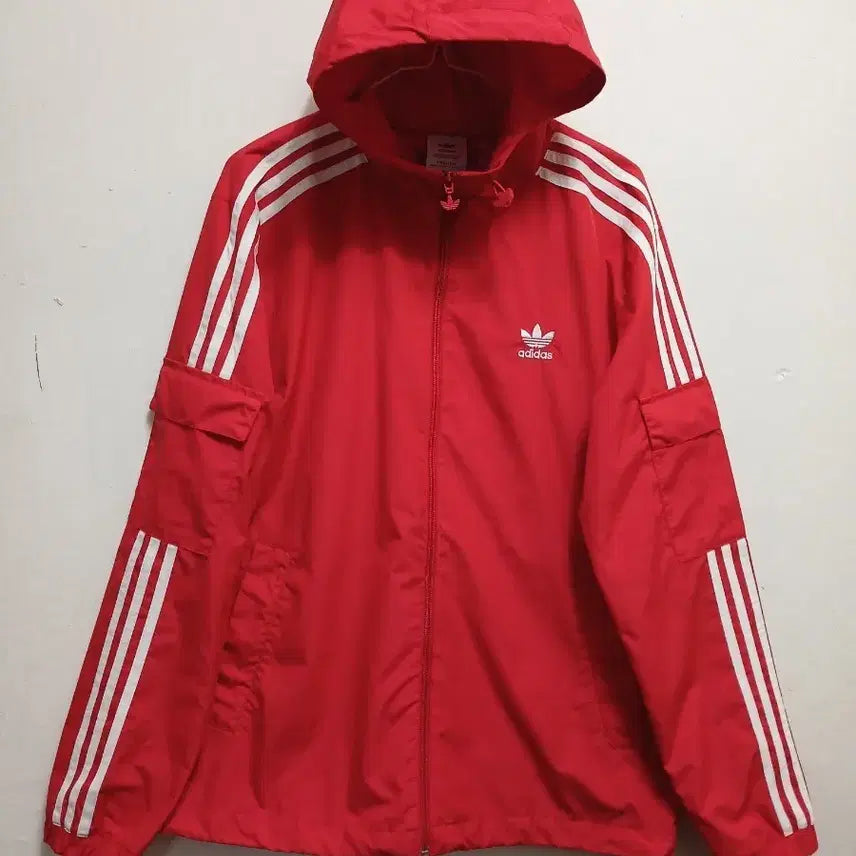 [BUNJANG] Adidas Unisex Tri-Stripe Windbreaker Jacket Red (S) / 아디다스 여성 남성공용 삼선 바람막이 후드 레드 사이즈 S 90