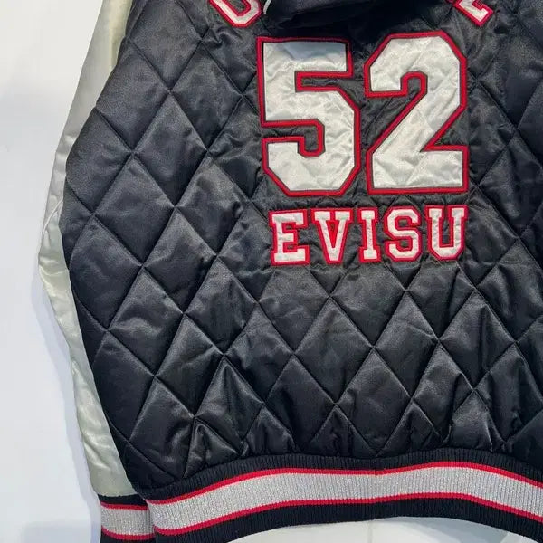 [BUNJANG] EVISU Vintage Black Silver Logo Embroidered High Neck Hooded Padded Jumper / XL 빈티지 에비수 블랙 실버 로고 자수 라이닝 하이넥 후드 패딩 점퍼