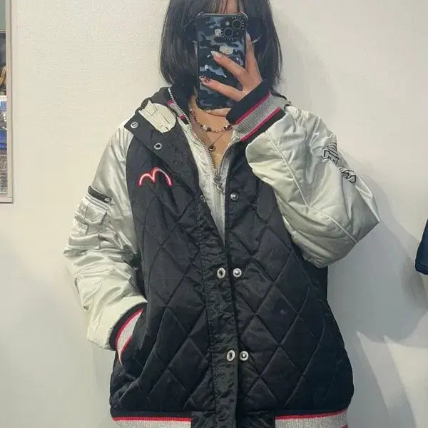[BUNJANG] EVISU Vintage Black Silver Logo Embroidered High Neck Hooded Padded Jumper / XL 빈티지 에비수 블랙 실버 로고 자수 라이닝 하이넥 후드 패딩 점퍼