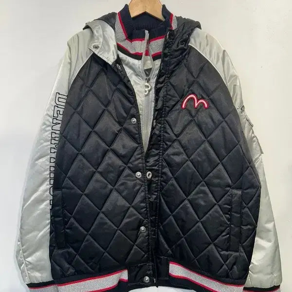 [BUNJANG] EVISU Vintage Black Silver Logo Embroidered High Neck Hooded Padded Jumper / XL 빈티지 에비수 블랙 실버 로고 자수 라이닝 하이넥 후드 패딩 점퍼