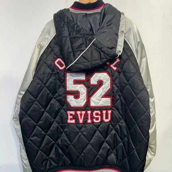 [BUNJANG] EVISU Vintage Black Silver Logo Embroidered High Neck Hooded Padded Jumper / XL 빈티지 에비수 블랙 실버 로고 자수 라이닝 하이넥 후드 패딩 점퍼