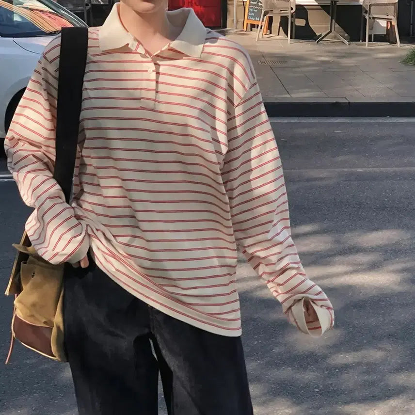 [BUNJANG] Slow and Cream Red Striped Pique T-Shirt / [옷장정리]슬로우앤드 팬톤 스트라이프 피케티셔츠 크림레드