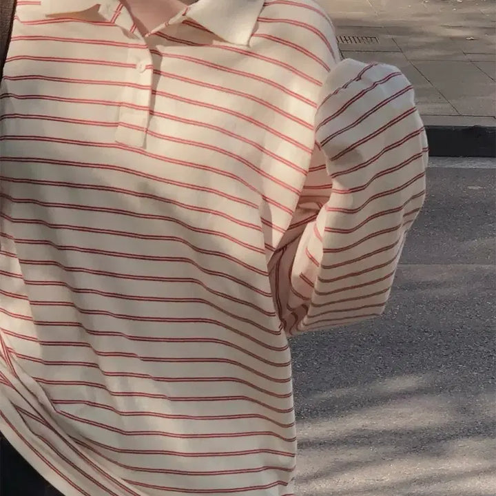 [BUNJANG] Slow and Cream Red Striped Pique T-Shirt / [옷장정리]슬로우앤드 팬톤 스트라이프 피케티셔츠 크림레드