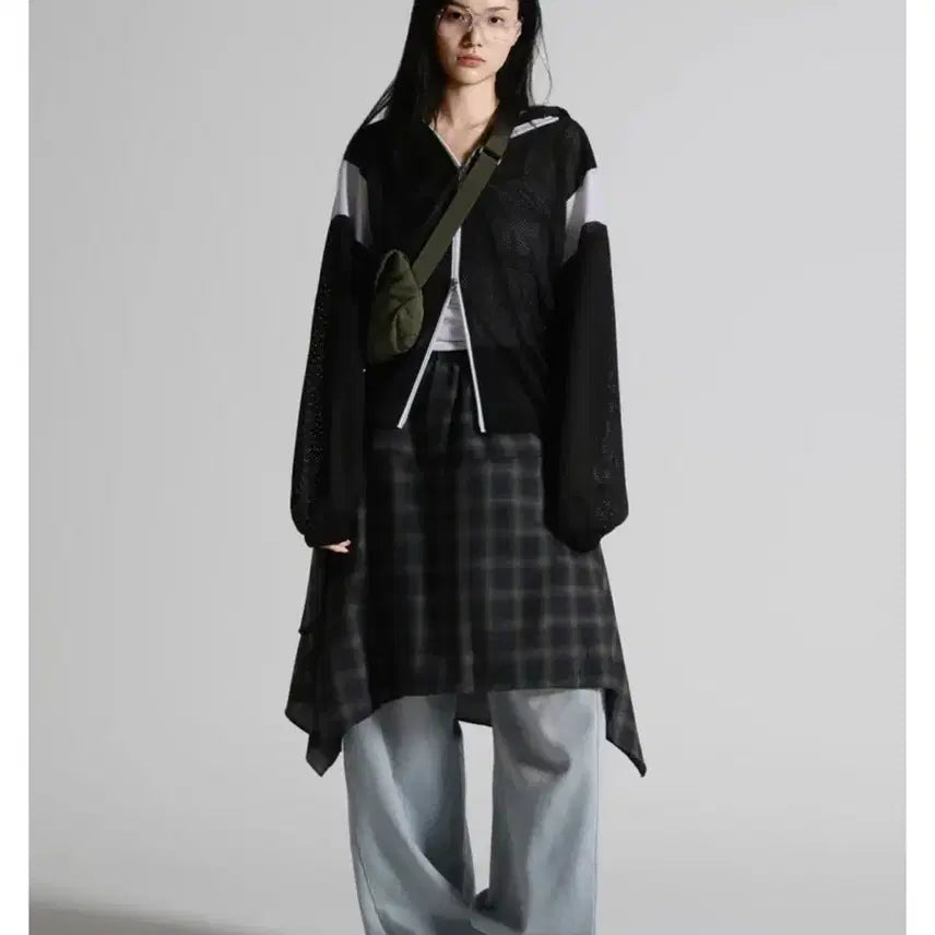 [BUNJANG] Layered Asymmetrical Check Skirt / 레이어드 언발 체크 스커트 (Gray)