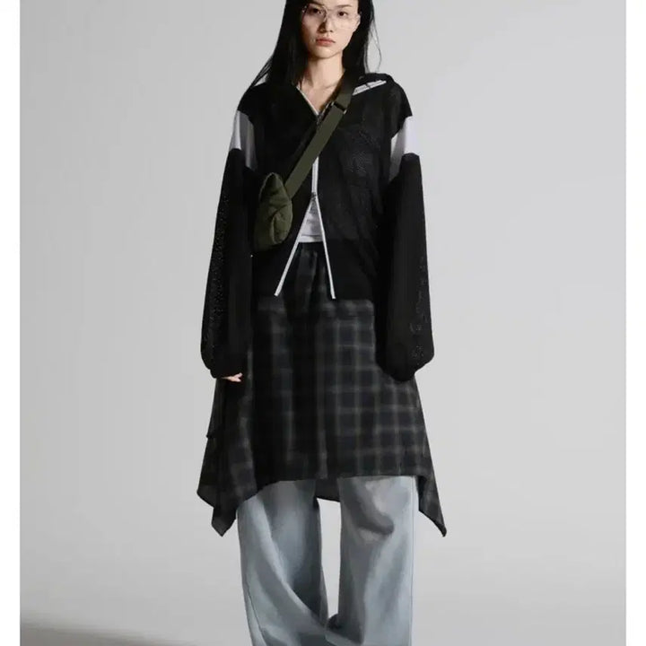 [BUNJANG] Layered Asymmetrical Check Skirt / 레이어드 언발 체크 스커트 (Gray)