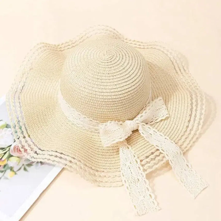 [BUNJANG] Beige Lace Ribbon Straw Hat / 레이스 리본 베이지 밀짚모자 여성용 새상품