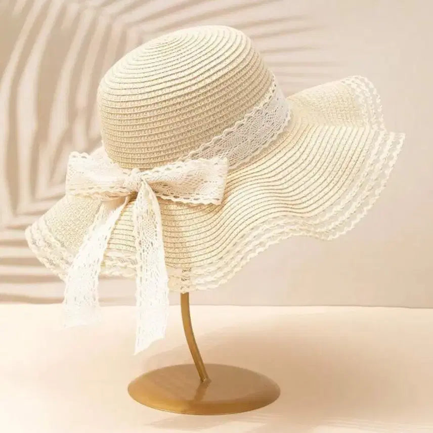 [BUNJANG] Beige Lace Ribbon Straw Hat / 레이스 리본 베이지 밀짚모자 여성용 새상품