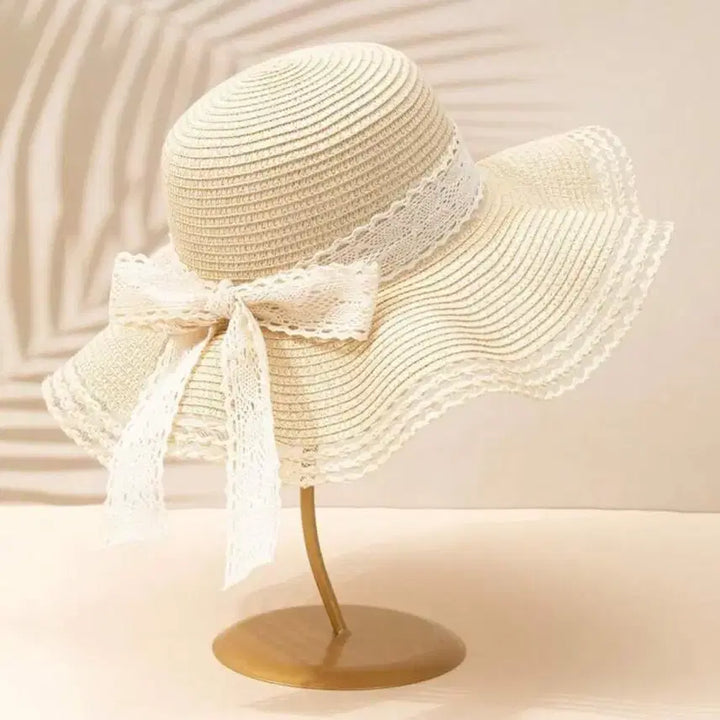 [BUNJANG] Beige Lace Ribbon Straw Hat / 레이스 리본 베이지 밀짚모자 여성용 새상품