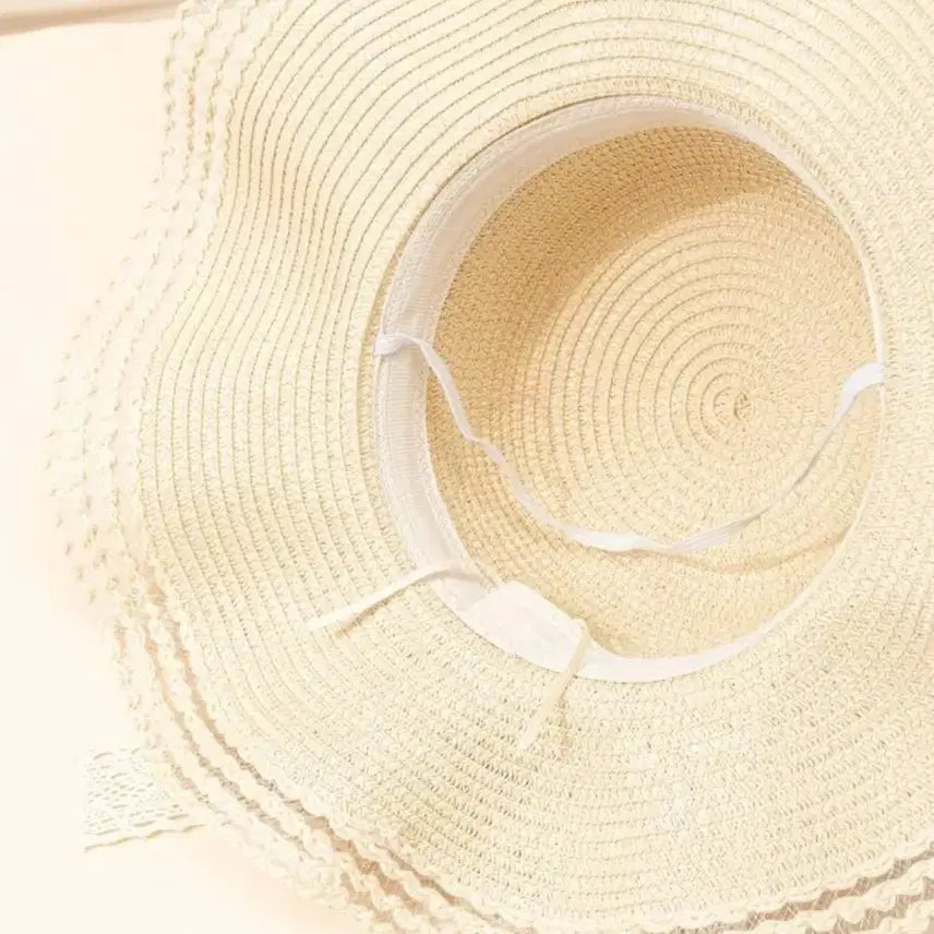 [BUNJANG] Beige Lace Ribbon Straw Hat / 레이스 리본 베이지 밀짚모자 여성용 새상품