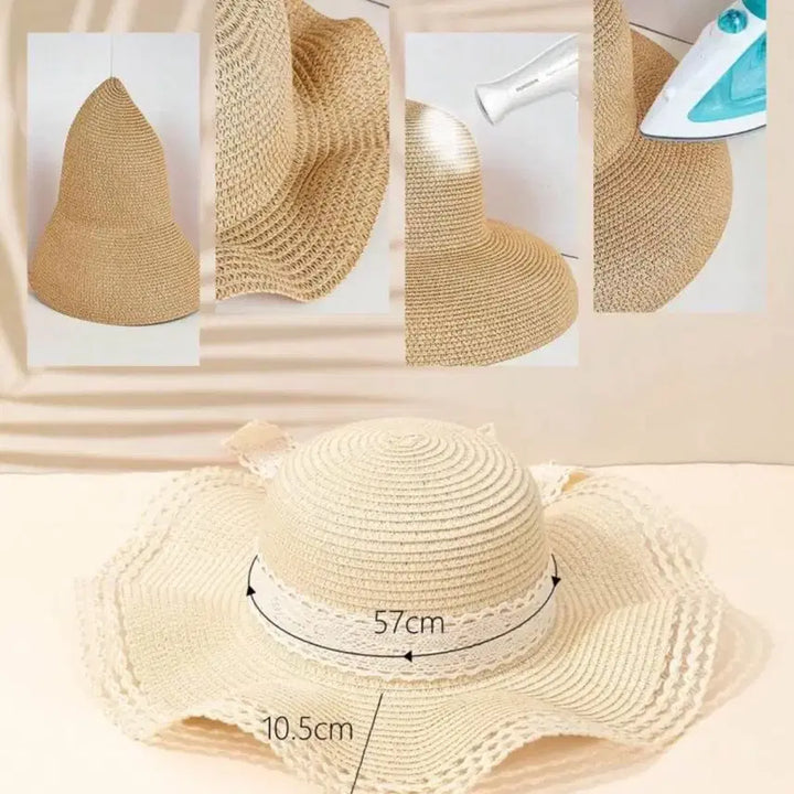 [BUNJANG] Beige Lace Ribbon Straw Hat / 레이스 리본 베이지 밀짚모자 여성용 새상품