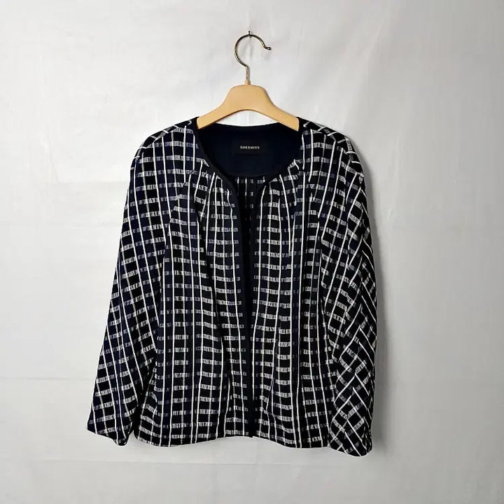 [BUNJANG] SHESMISS Navy Check Collarless Jacket / SHESMISS 쉬즈미스네이비 체크 노카라 자켓 85