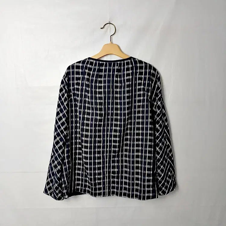 [BUNJANG] SHESMISS Navy Check Collarless Jacket / SHESMISS 쉬즈미스네이비 체크 노카라 자켓 85