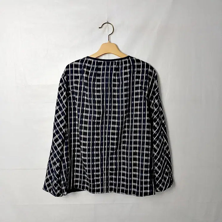 [BUNJANG] SHESMISS Navy Check Collarless Jacket / SHESMISS 쉬즈미스네이비 체크 노카라 자켓 85