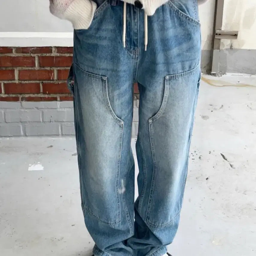 [BUNJANG] Kimahop 51 Cut String Over Denim Wide Jeans / 김아홉 51 절개 스트링 오버 데님 중청 / 와이드팬츠 포켓팬츠 청바지