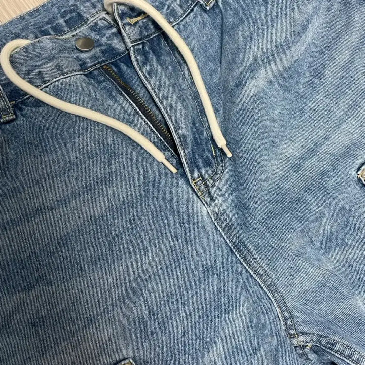 [BUNJANG] Kimahop 51 Cut String Over Denim Wide Jeans / 김아홉 51 절개 스트링 오버 데님 중청 / 와이드팬츠 포켓팬츠 청바지