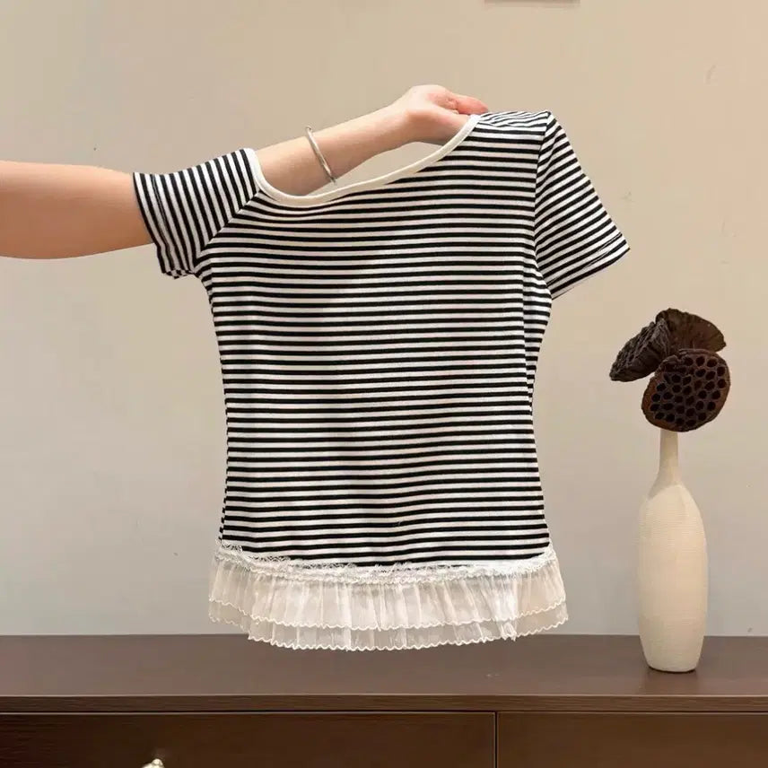 [BUNJANG] Lace Stripe One-Shoulder Top / 레이스 스트라이프 원숄더 반팔티셔츠