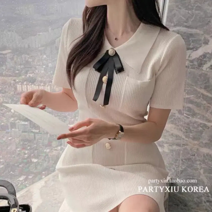 [BUNJANG] White Knit Dress / 리본 카라 화이트 니트 원피스 하객룩