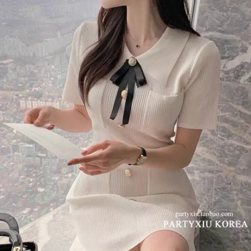 [BUNJANG] White Knit Dress / 리본 카라 화이트 니트 원피스 하객룩