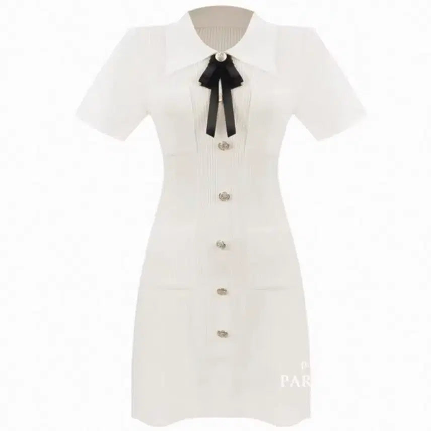 [BUNJANG] White Knit Dress / 리본 카라 화이트 니트 원피스 하객룩