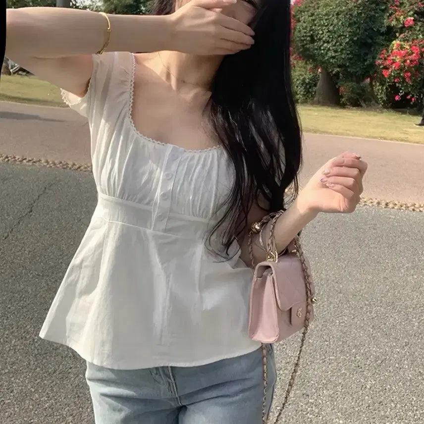 [BUNJANG] Lace Puff Blouse White Shirt / 레이스 퍼프 블라우스 화이트 셔츠