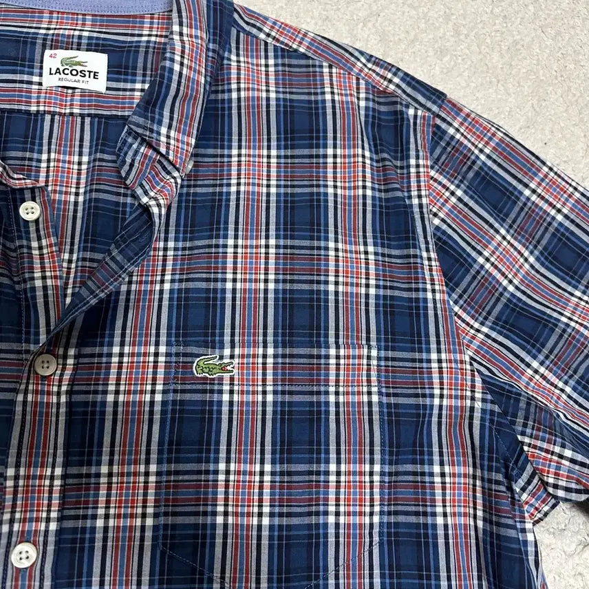 [BUNJANG] Lacoste Checkered Short Sleeve Shirt (Size 105) / 라코스테 반팔 체크 셔츠 남방 105