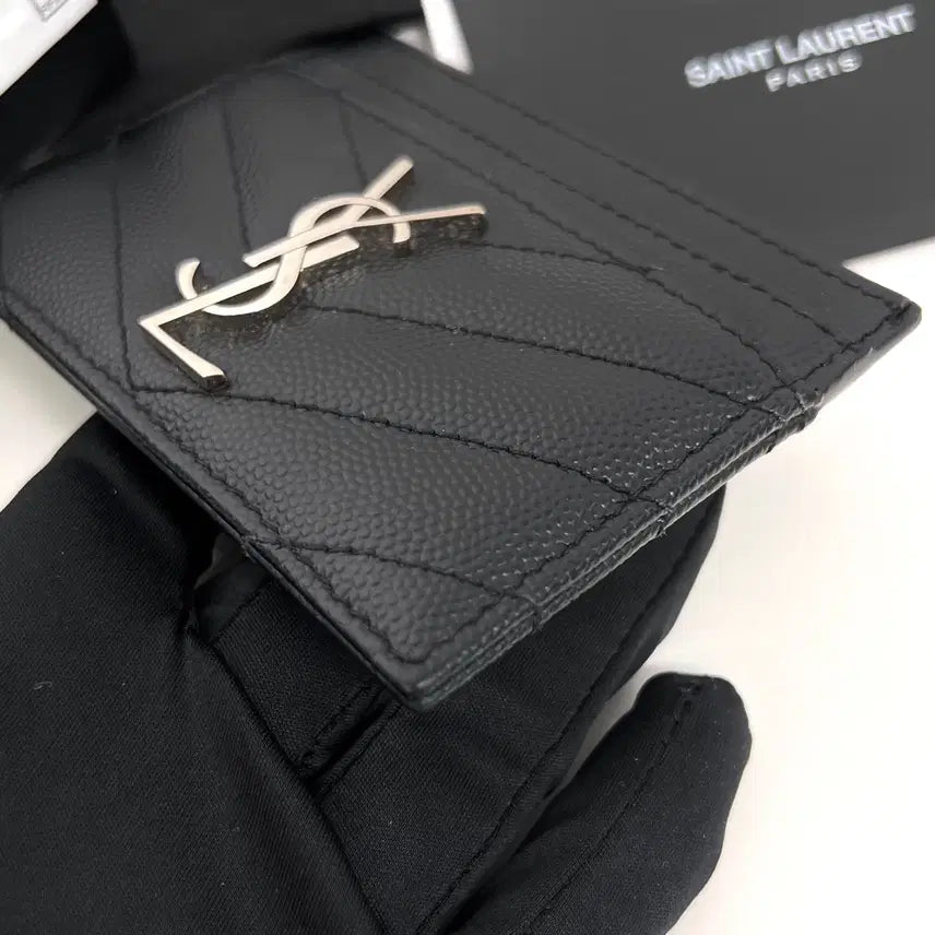 [BUNJANG] Saint Laurent Monogram Matelassé Card Wallet - Black / 생로랑 모노그램 마틀라세 은장 카드지갑 블랙 (423291)