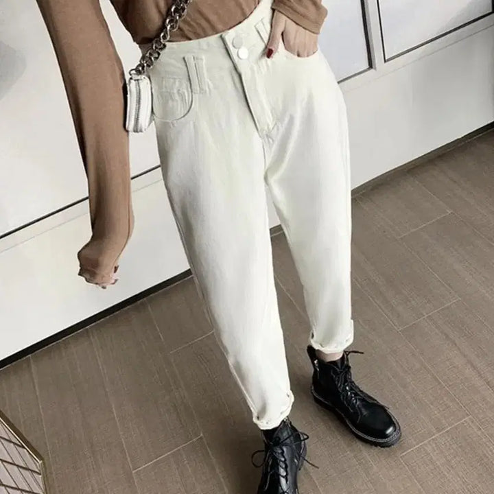 [BUNJANG] High-Waist Two-Button Cream Pants / 배기핏 하이웨스트 투버튼 크림색 팬츠