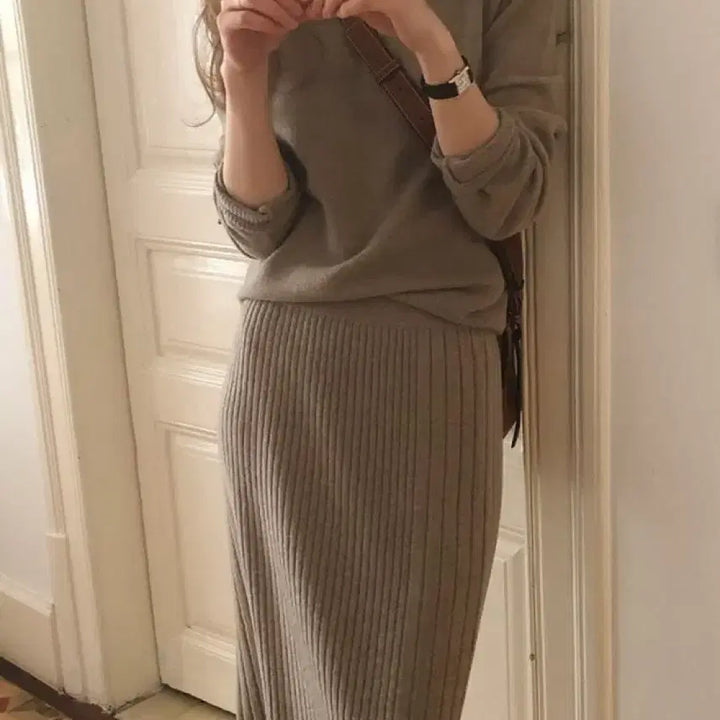 [BUNJANG] Sheer Knit Oatmeal Two-Piece Set / 시어드 니트 투피스 오트밀 상하의세트