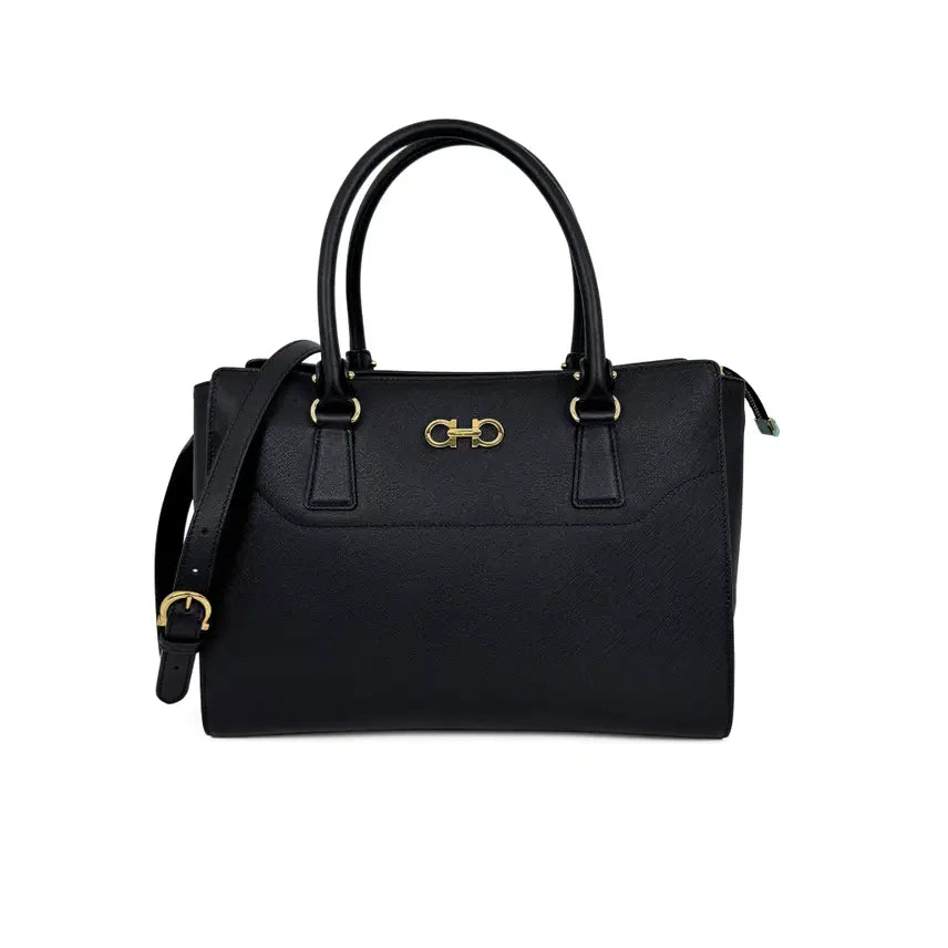 [BUNJANG] Salvatore Ferragamo Gancini Black Leather Tote Shoulder Bag 21F271 / 페라가모 블랙 레더 간치니 토트백 겸 숄더백 21F271