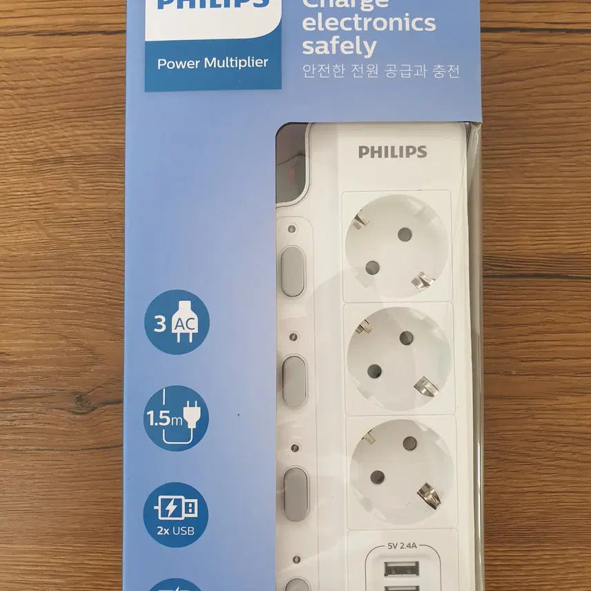 [BUNJANG] Philips 1.5m 3-Outlet Power Strip with 2 USB Ports and Overload Protection / [미개봉] 필립스 3구멀티탭+usb2구 / 과부하차단 (길이1.5m)