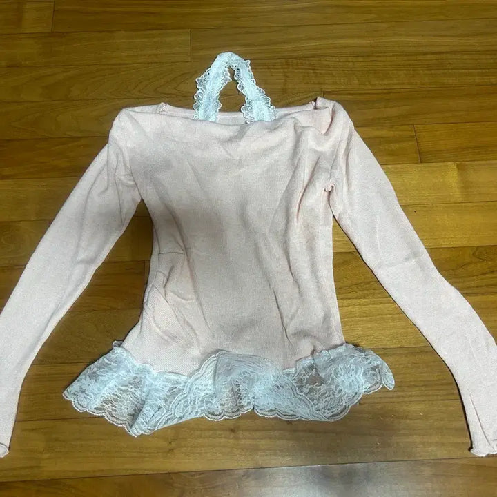 [BUNJANG] Pink Lace Long Sleeve T-Shirt / 레이스 핑크 긴팔 티셔츠