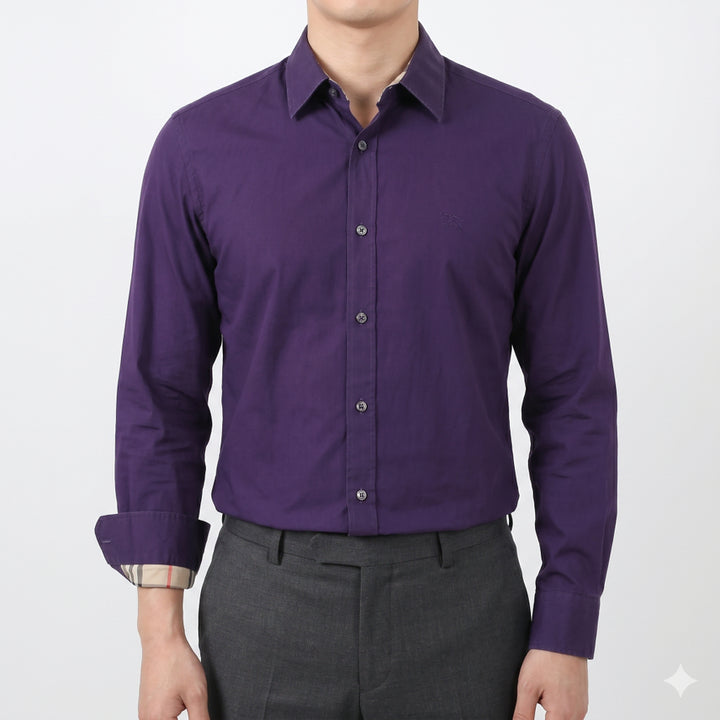 [BUNJANG] Burberry Check-Pattern Stretch Cotton Shirt Purple M / 버버리 정품 체크배색 스트레치 코튼 셔츠 퍼플 M (실측 95)