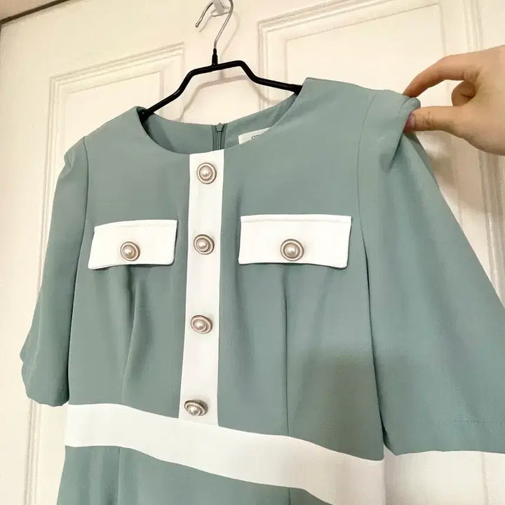 [BUNJANG] Chicline Mint Color Block Midi Dress / 시크라인 민트 배색 하객 반팔 미디 원피스 M 66