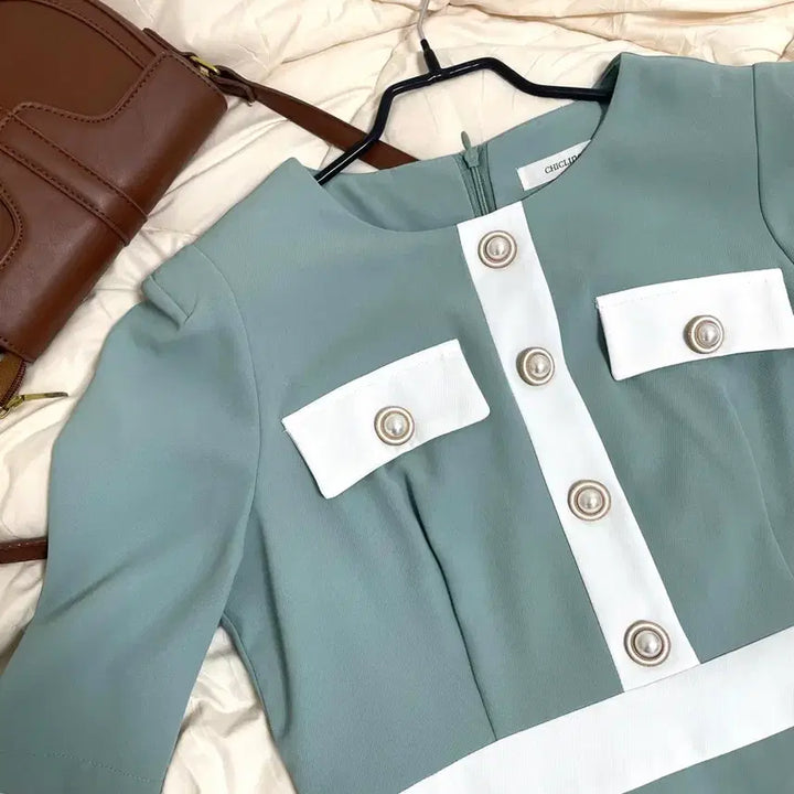 [BUNJANG] Chicline Mint Color Block Midi Dress / 시크라인 민트 배색 하객 반팔 미디 원피스 M 66