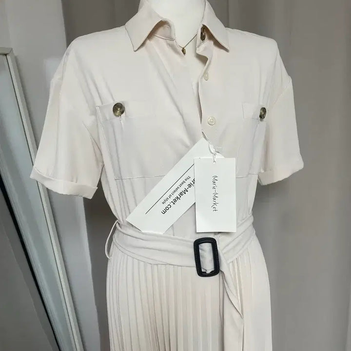 [SOLD OUT] (새상품)마리마켓 셔츠 플리츠 스트랩 롱 원피스 L 아이보리 베이지 화이